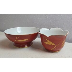 Vintage Fitz & Floyd Red Footed Bowl Gold Trim & Small Lotus Bowl Gold Bamboo